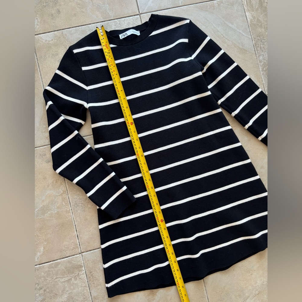 Zara Black Cream Striped Heavy Knit Sweater Dress M Minimalist Preppy Midi Soft - Picture 6 of 9
